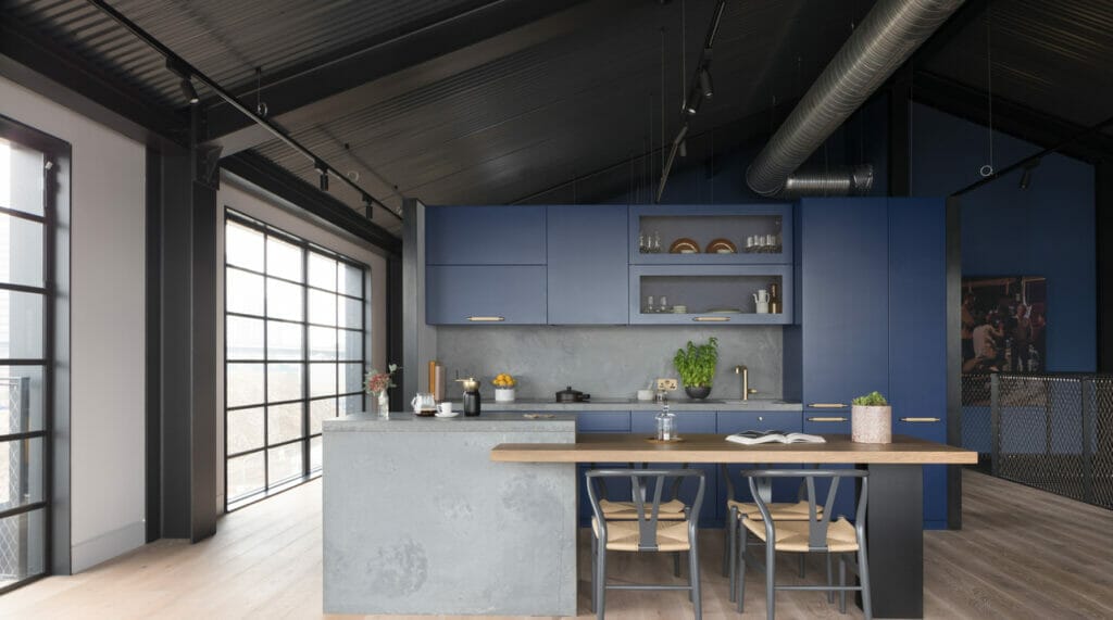 Industrial One wall kitchen with iseland in Caesarstone 4033 Rugged Concrete | 2539