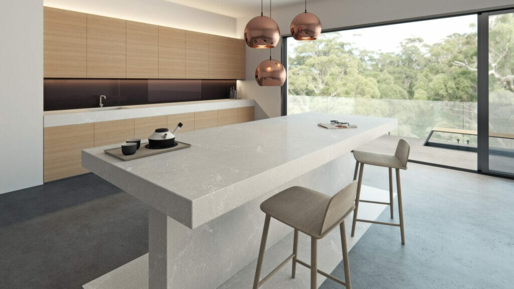 modern kitchen with grey island