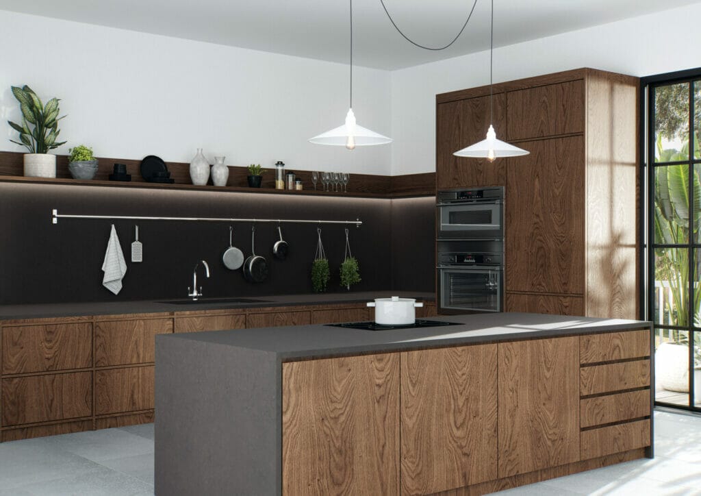 Dark brown kitchen with grey island 
