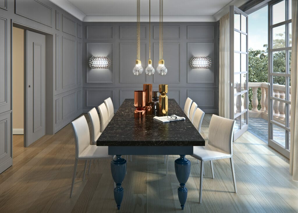 Dining table with dark chocolate quartz top 