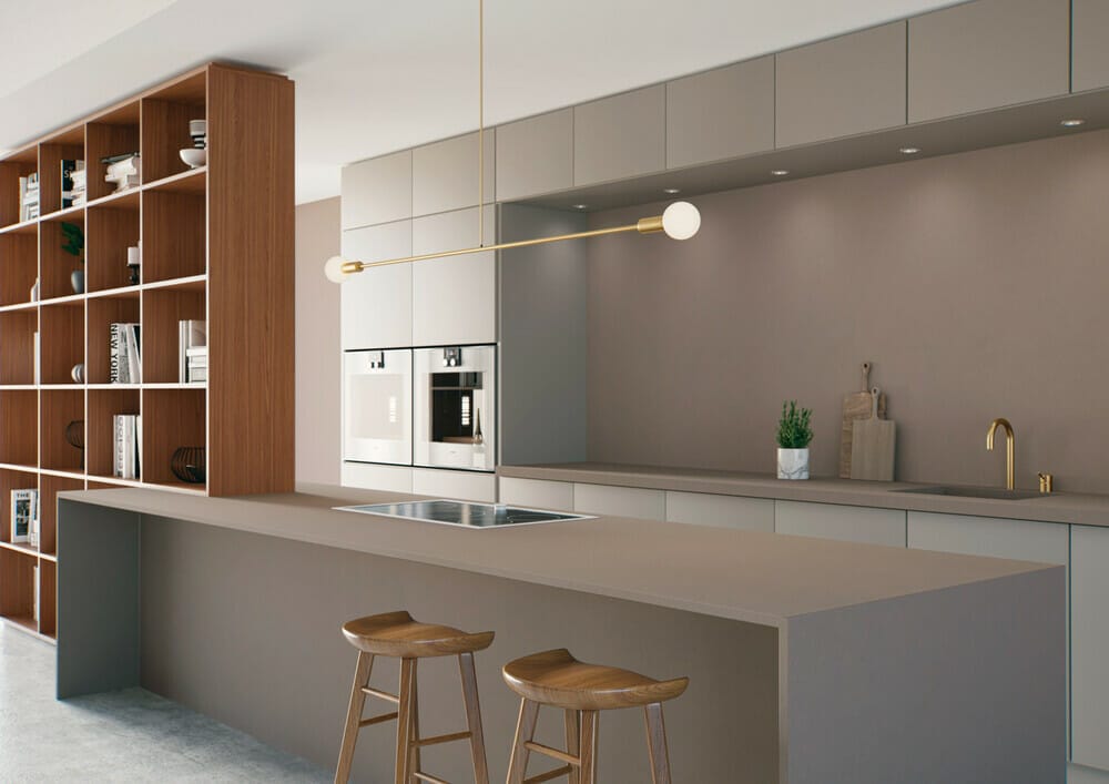 grey kitchen with grey island